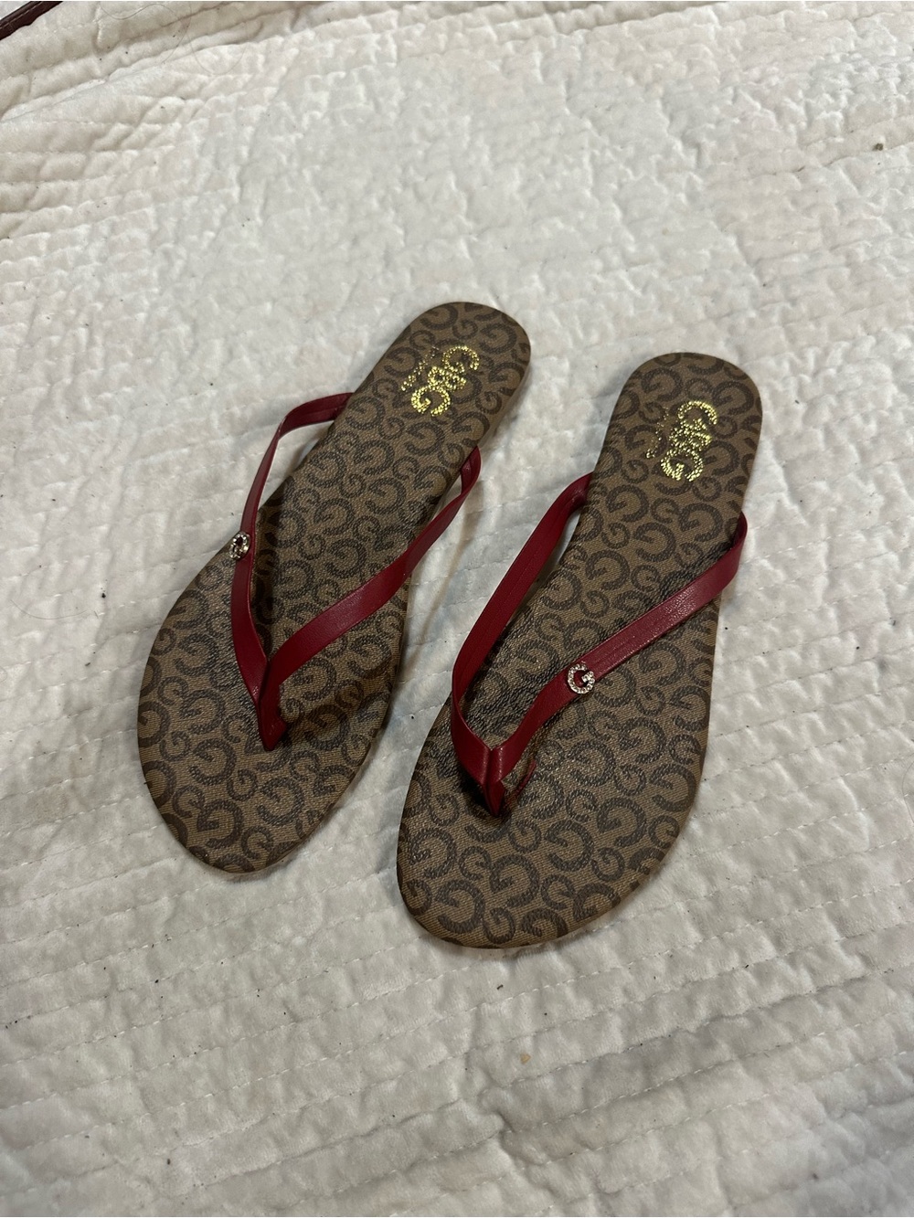 Women’s Brown Patterned Flip Flops with Red Straps